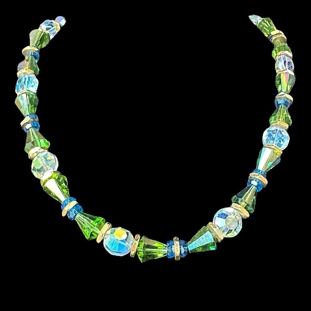 Vintage Faceted Crystal Beaded Necklace Green Blue Clear